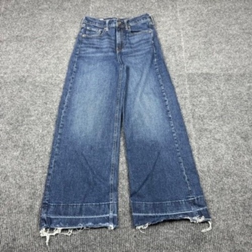 Gap High Rise Stride Wide Leg Jeans Blue Denim Raw Hem 26 2P Petite